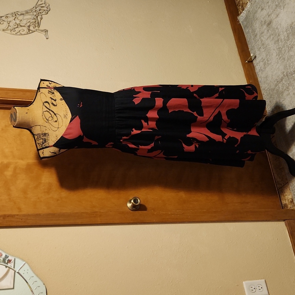 LOFT Black and Pink Midi Spaghetti Strap Sundress with Pockets Size 12